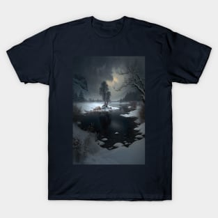 Landscape of winter lake in mountain valley - eerie nights T-Shirt